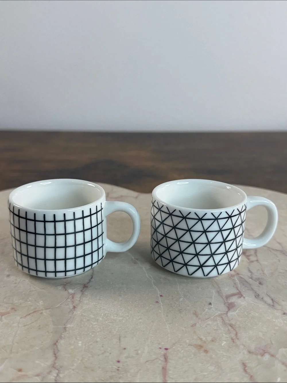 Porcelain Espresso Cup Set in White with Black Geometric Patterns - Set of 2